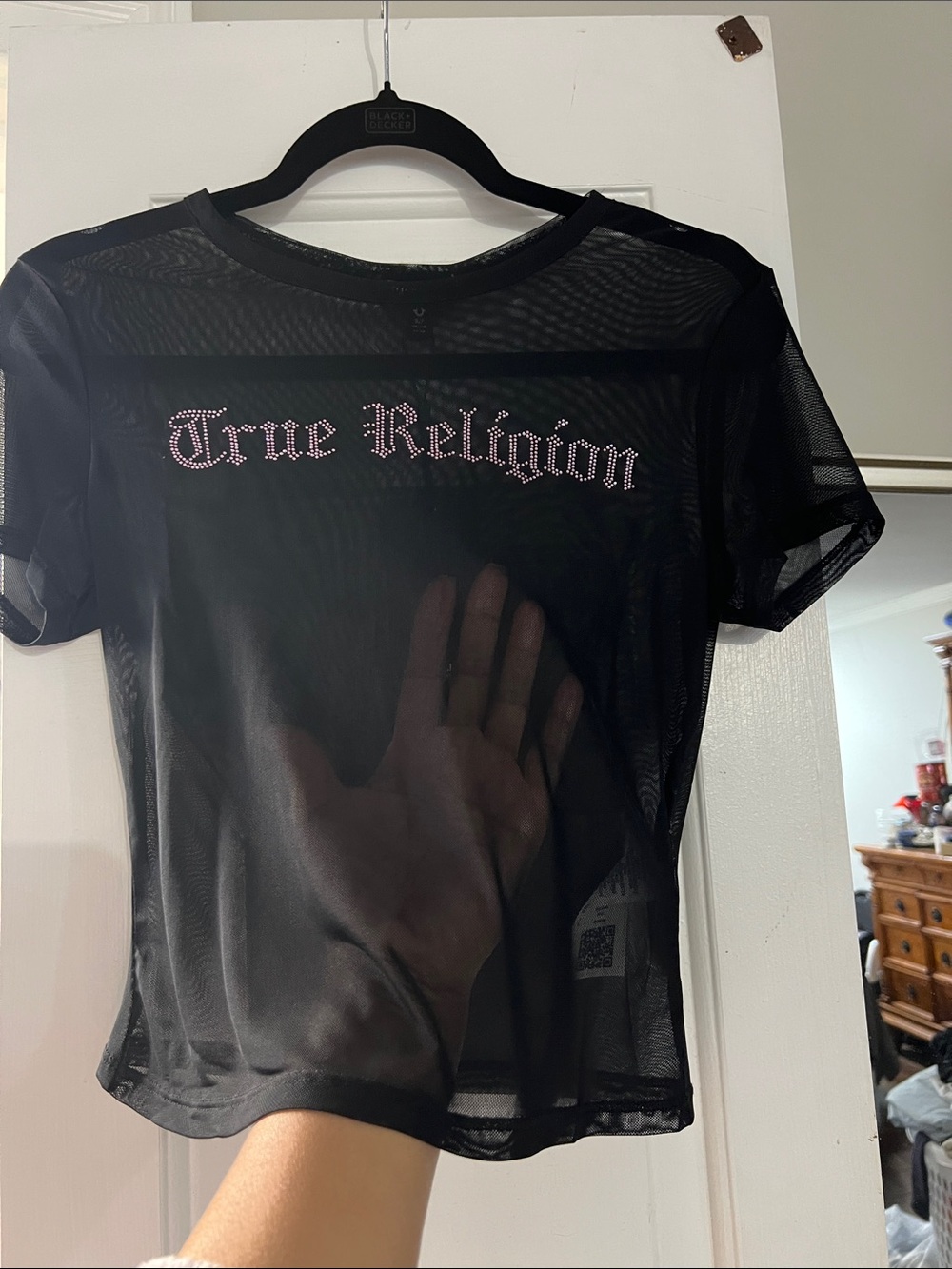 See-Through - True Religion Black Short Sleeve Tee with Rhinestone Logo